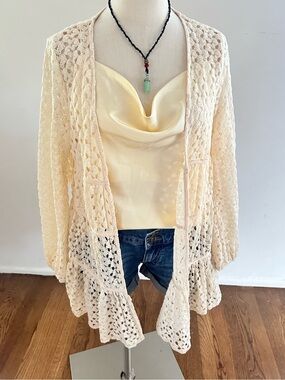 easel Cream Crochet Open Front Cardigan Boho Cottagecore Duster Sweater S